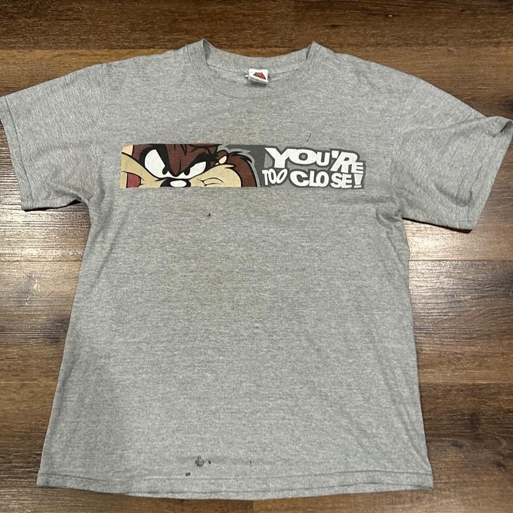 Vintage 90s Looney Tunes Taz Youre Too Close Thrashed Gray T-Shirt Mens L